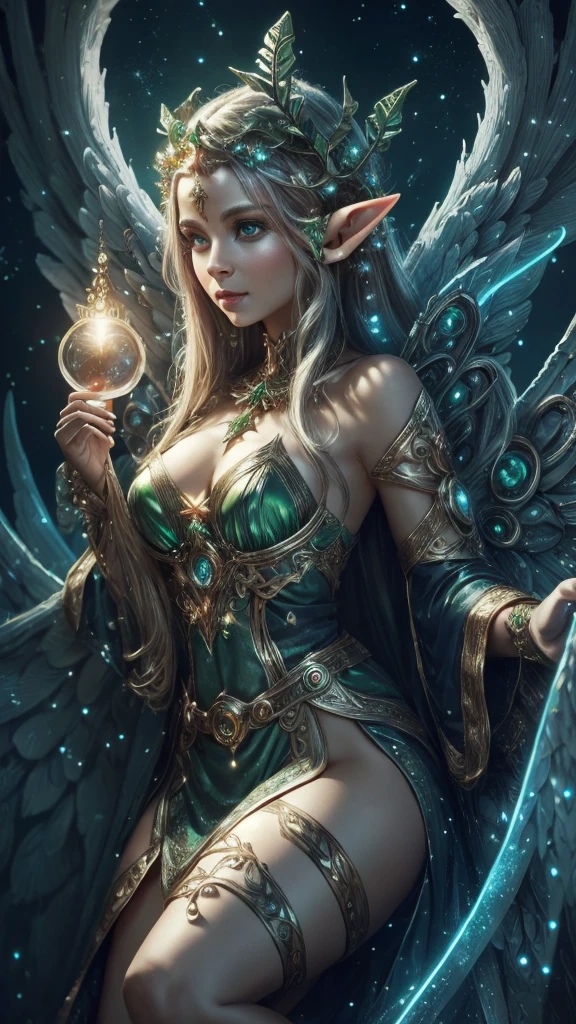 (Best quality, 4k, High-resolution, Masterpiece:1.2), Ultra-detailed, Realistic, Radiant lighting, (An Epoch Elves, angel:1.5), Portraits, Fantastical colors, Fine art, Ethereal beings, Dreamlike, Whimsical creatures, Detailed facial features, Glowing eyes, Elven beauties, Ethereal glow, Mythical creatures, Harmonious composition, Dazzling colors, Stunning visual effects, Otherworldly appearance, Mesmerizing artistry, full-body shot.