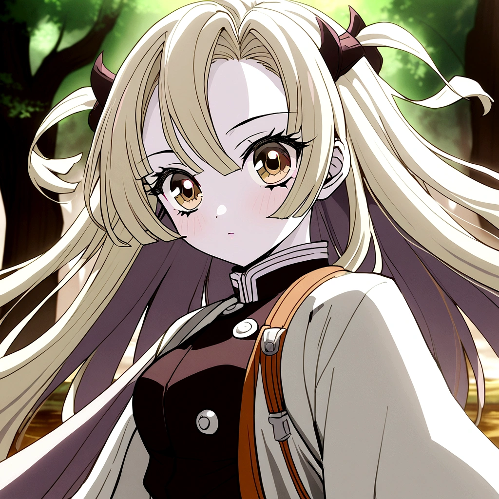 A girl is in the anime style of Kimetsu no Yaiba with pale skin, brown eyes and long ash yellow hair. She has her demon hunter uniform with a pink haori and has a uniform neckline and a skirt.