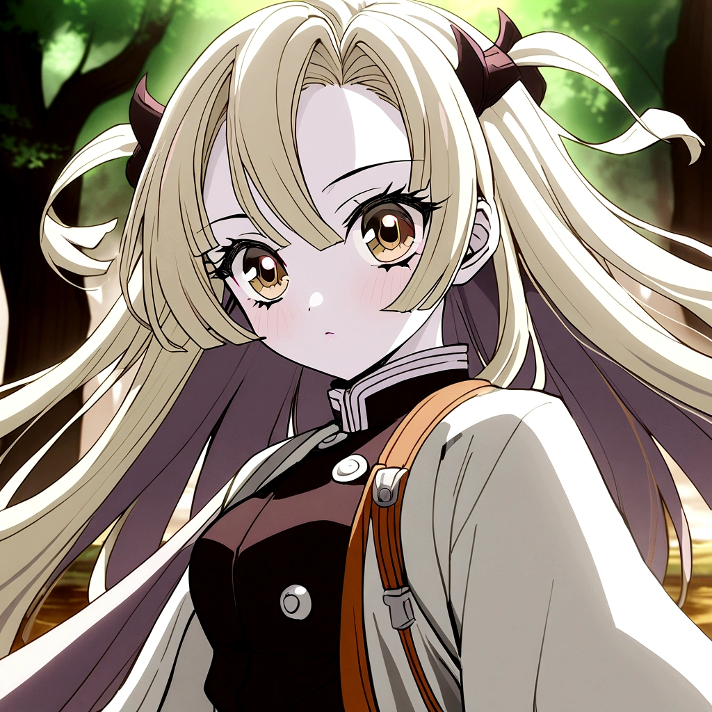 Una chica al estilo anime de Kimetsu no Yaiba con piel pálida., ojos marrones y cabello largo color amarillo ceniza. Ella tiene su uniforme de cazadora de demonios con un haori rosa y tiene un escote de uniforme y una falda..