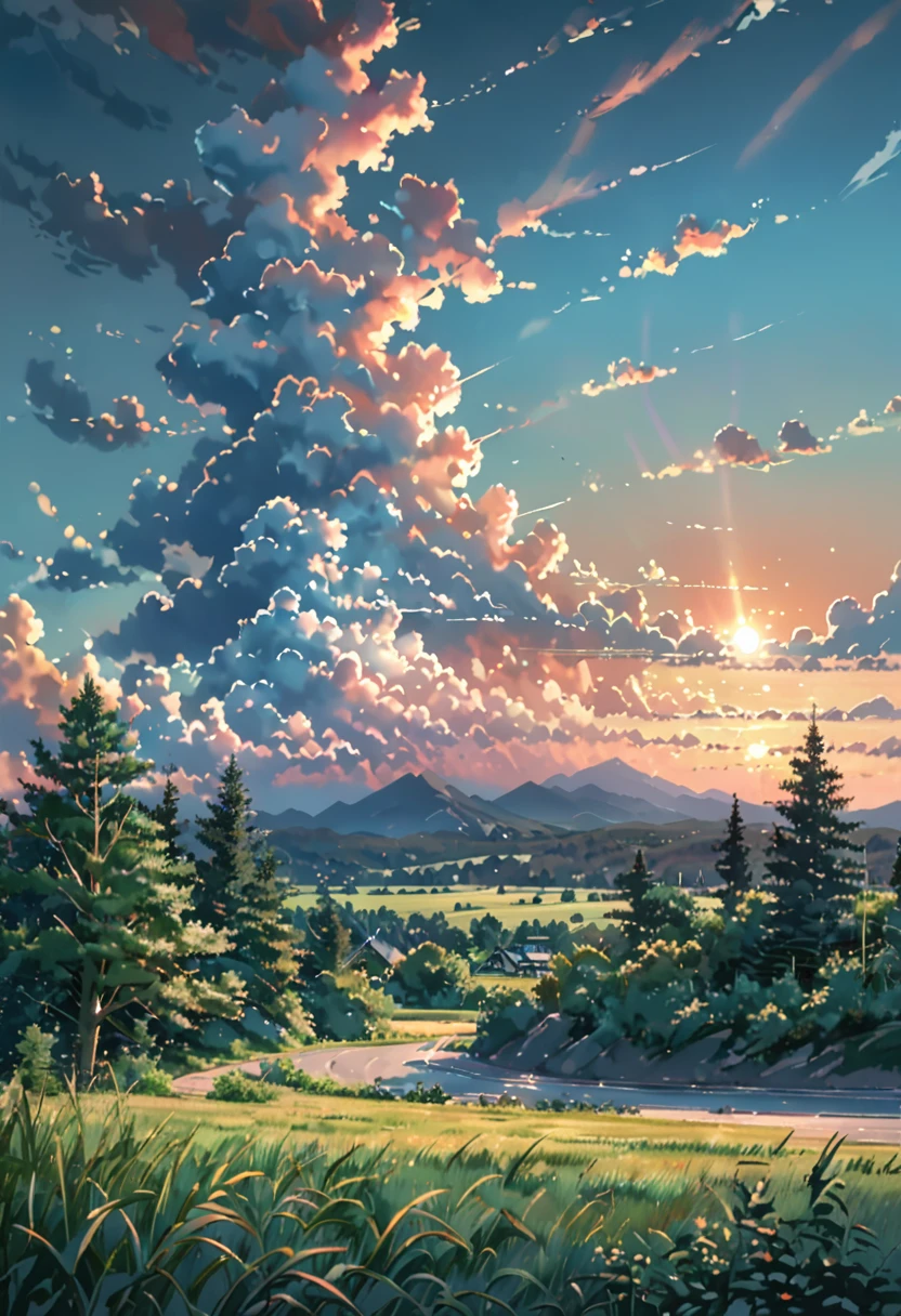 ((((Makoto Shinkai)))),Summer countryside, Midsummer, Iridescent clouds and trees, Sunset, High brightness, High saturation, High contrast, 8KHDR