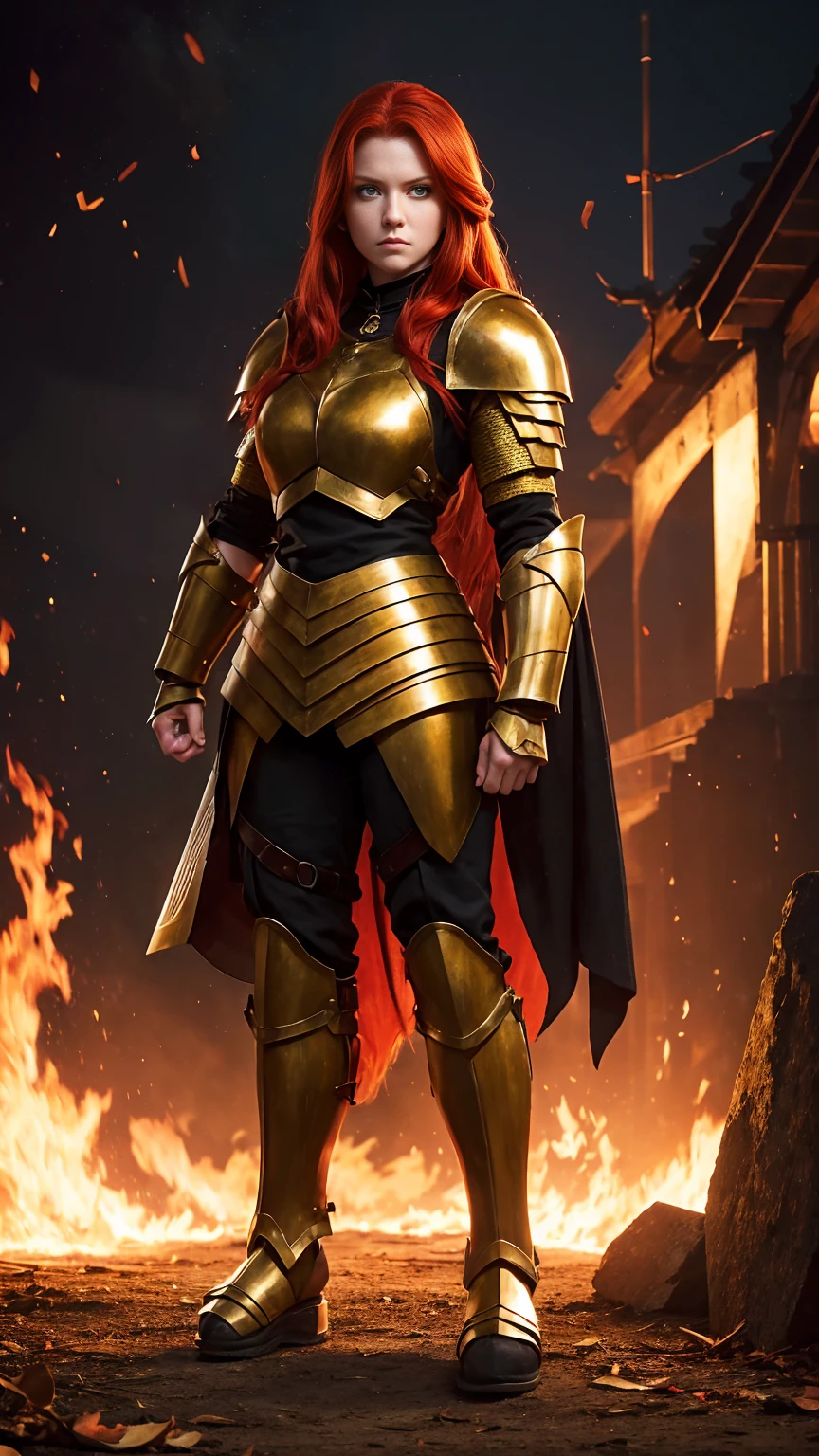 ((Full body photo,standing, feet on the ground)) A red-haired warrior girl with yellow eyes wearing black and gold Donna tray, armor