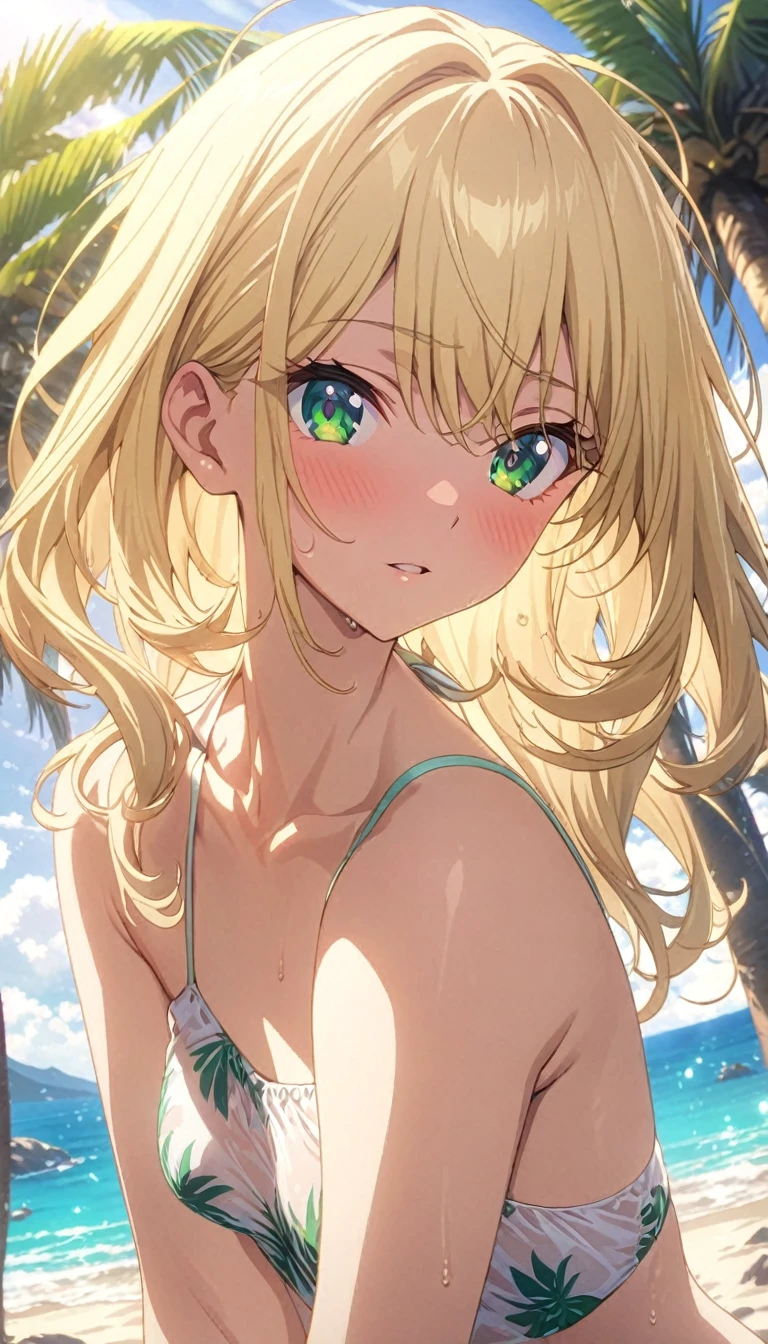 masterpiece, rich colors, Best quality, detailed, high resolution, Hyper quality, high detail, , high quality, detailing, skinny sexy girl on the beach , bright lighting , green eyes, Anime, palm trees, bright lighting, blonde,