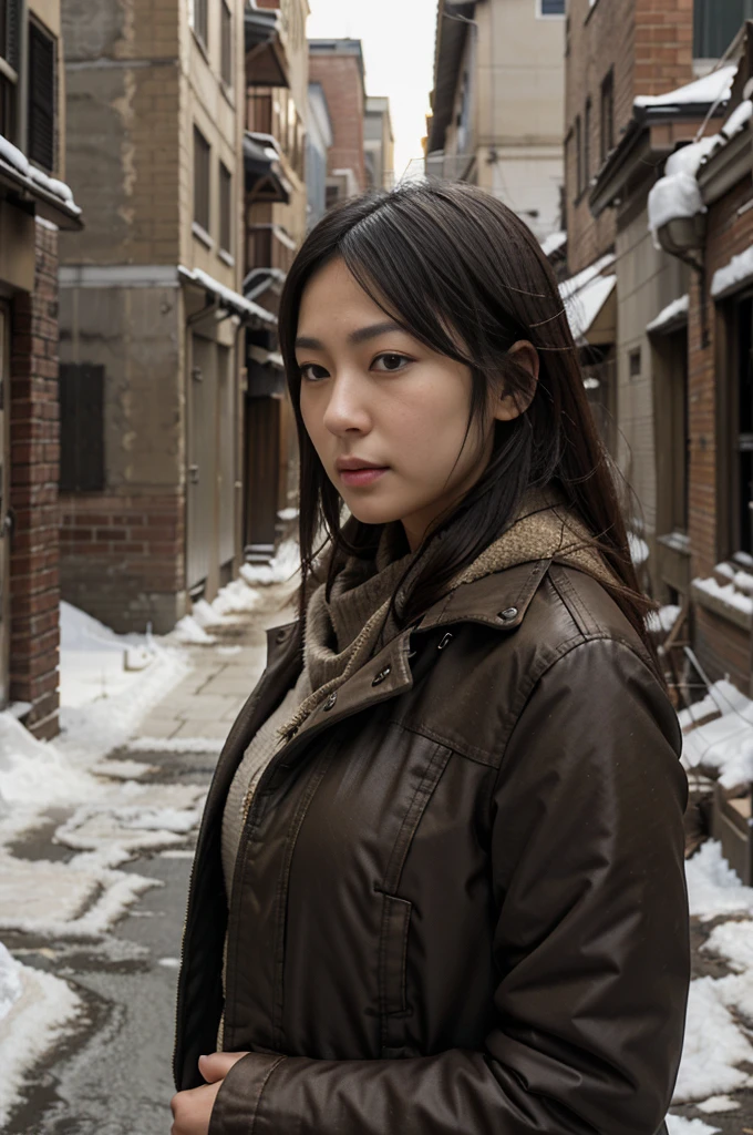 photorealistic、realistic skin texture、A beautiful Japanese woman belonging to the American military is in a city of winter rubble.、alley、old brick building、I&#39;m on guard、Backpack、wearing military uniform, tactical puffer jacket、baseball cap、holding automatic rifle、bulletproof ves snowing、moving action pose、muddy boots