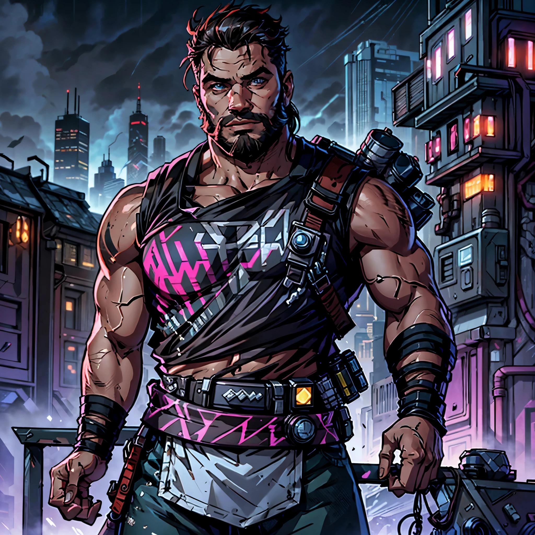 Ultra-realistic RAW portrait of a traditional Scottish man, very hairy, with a large brown beard and short hair in a military-style cut, reimagined in a cyberpunk setting. He is wearing futuristic Scottish Highland attire, including a kilt with neon accents and synthetic animal hide, and is playing a high-tech bagpipe with glowing components. The scene is set on a high, muddy mountain with neon-lit skyscrapers in the background under a cloudy and rainy sky. The man is muddy and looks weathered by the elements, with cybernetic enhancements visible on his body. The lighting should feature vibrant neon colors and dramatic contrasts to highlight the intricate details of his attire, the texture of his beard, and the futuristic environment. Photographed with a professional DSLR camera to capture fine details and depth.