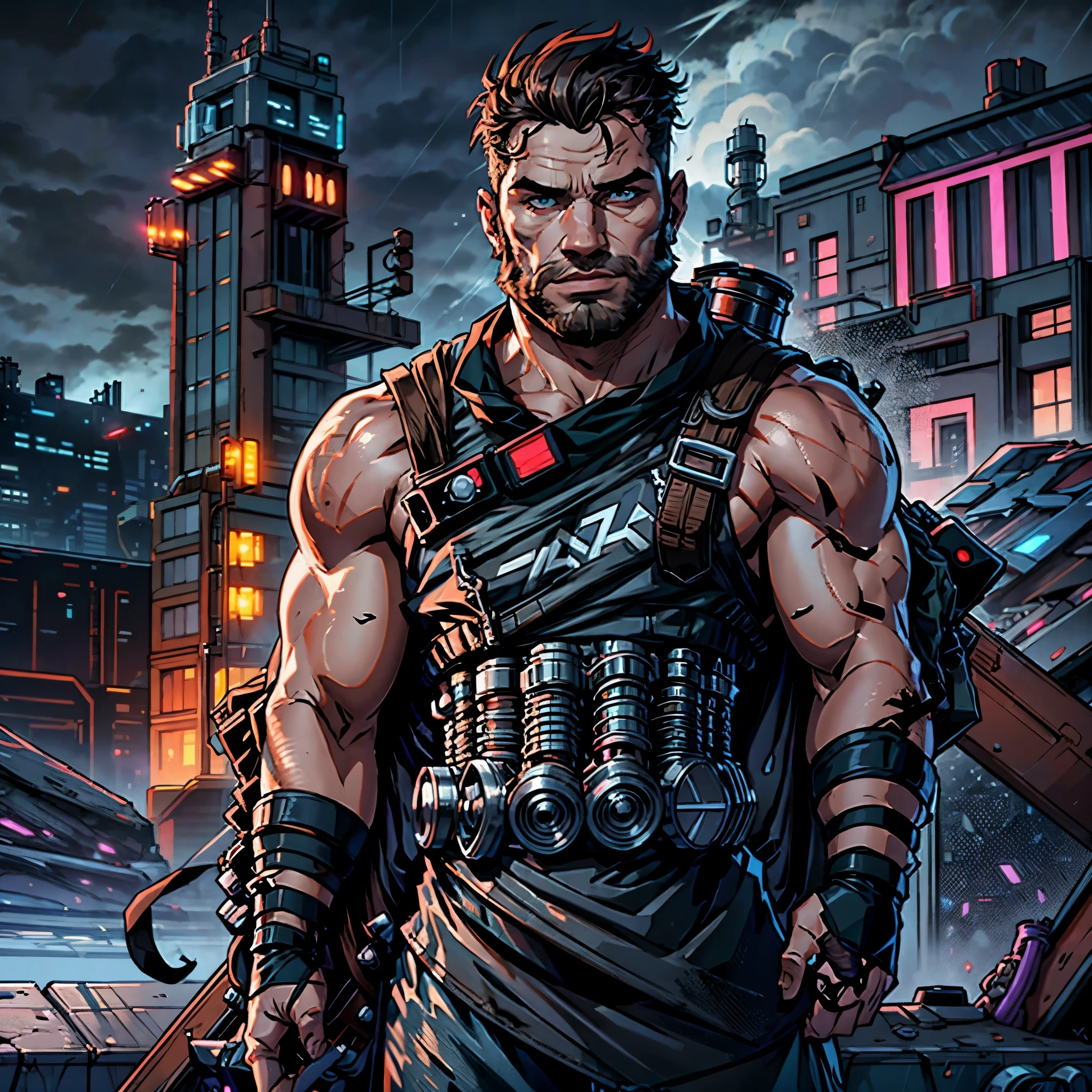 Ultra-realistic RAW portrait of a traditional Scottish man, very hairy, with a large brown beard and short hair in a military-style cut, reimagined in a cyberpunk setting. He is wearing futuristic Scottish Highland attire, including a kilt with neon accents and synthetic animal hide, and is playing a high-tech bagpipe with glowing components. The scene is set on a high, muddy mountain with neon-lit skyscrapers in the background under a cloudy and rainy sky. The man is muddy and looks weathered by the elements, with cybernetic enhancements visible on his body. The lighting should feature vibrant neon colors and dramatic contrasts to highlight the intricate details of his attire, the texture of his beard, and the futuristic environment. Photographed with a professional DSLR camera to capture fine details and depth.