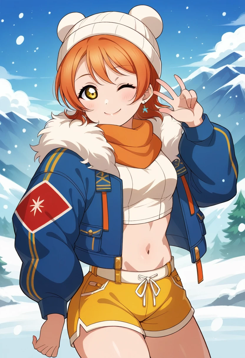 (Masterpiece, Best Quality, High Quality), Rin Hoshizora Love Live, orange hair, yellow eyes, cowboy shot,bangs, white beanie hat , crop top, jewelry, closed mouth, jacket, earrings, outdoors, sky, yellow shorts, fur trim, cute , snow, snowing, mountain, fur-trimmed jacket, mountainous horizon, smile ,(lipstick:0.8), one hand in pocket ,thicc thighs ,wink