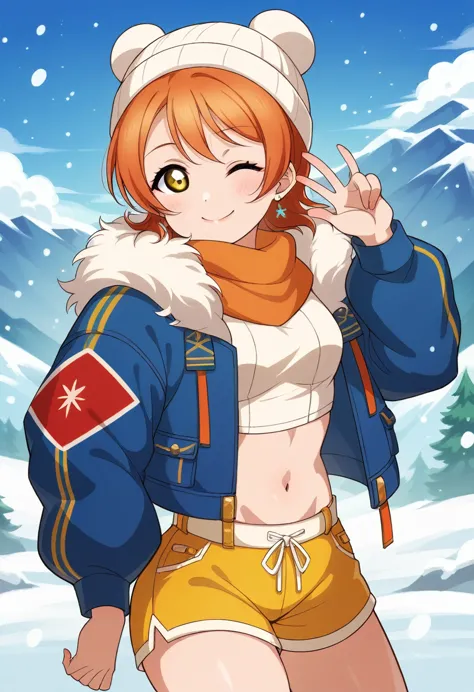 (masterpiece, best quality, high quality), rin hoshizora love live, orange hair, yellow eyes, cowboy shot,bangs, white beanie ha...