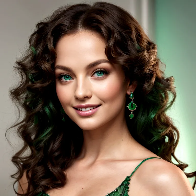 a beautiful 225 year old brunette curly haired model with emerald green eyes, elegant fashion portrait, cinematic lighting, phot...