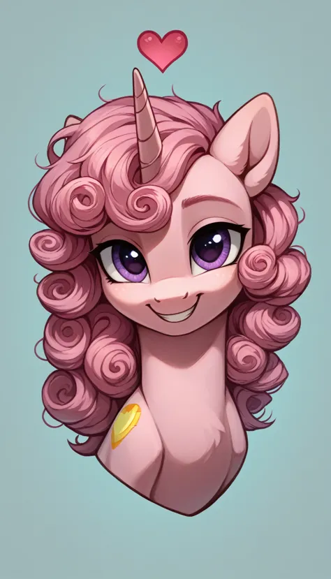 score_9, score_8_up, score_7_up, mlp, pink fur, pink curly hair, violet eyes, warm smile, golden heart cutie mark , only one sta...