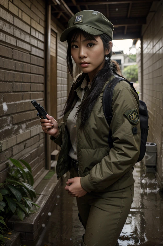 photorealistic、realistic skin texture、A beautiful Japanese woman belonging to the American military is in the jungle, alley、old brick building, on guard、carrying Backpack、wearing military uniform, tactical puffer jacket、baseball cap、holding automatic rifle、bulletproof ves snowing、moving action pose、muddy boots