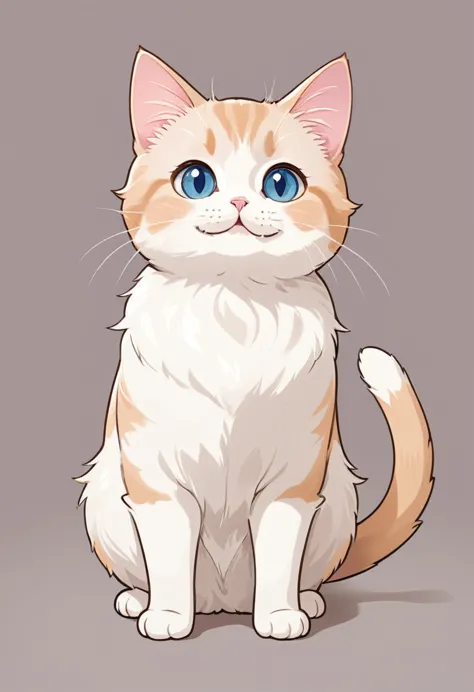 in the style of tok, cute cat, munchkin cat, looking at the viewer, sitting, smiling, simple background