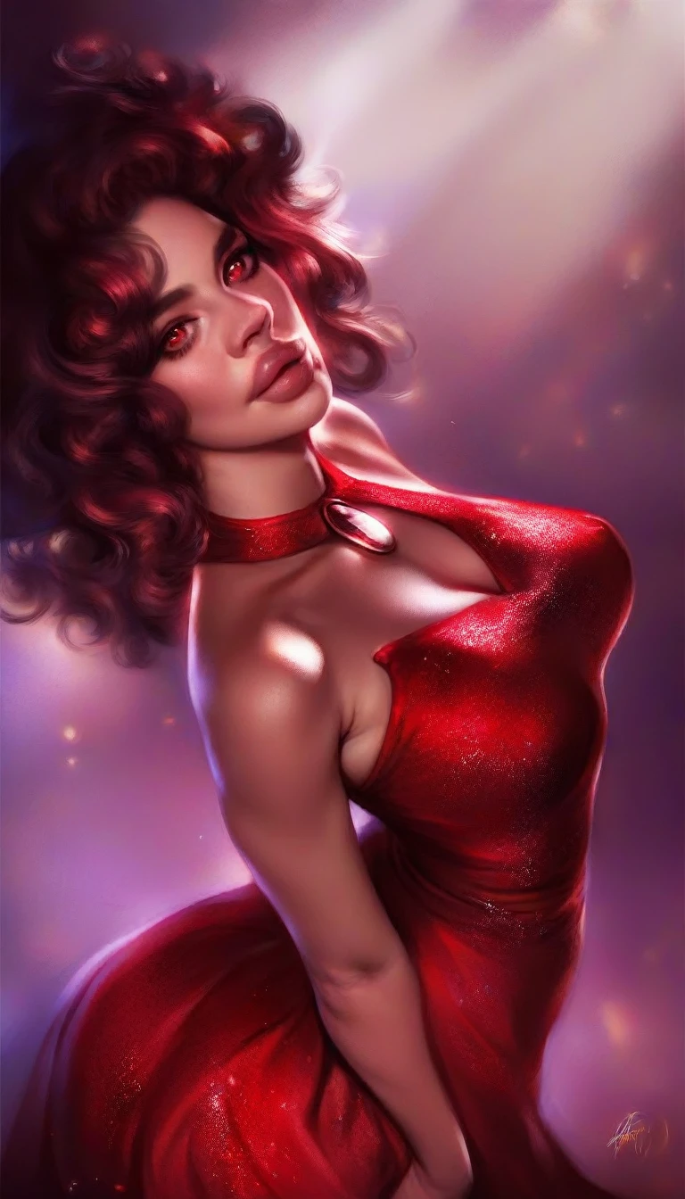 a beautiful and seductive Garnet from Steven Universe, detailed facial features, piercing red eyes, full lips, glowing reddish skin, flowing dark hair, wearing a revealing red dress, elegant and powerful pose, intricate gemstone details, fantasy world background, dramatic lighting, cinematic composition, photorealistic, extremely detailed, 8k, high quality, digital painting, illustration