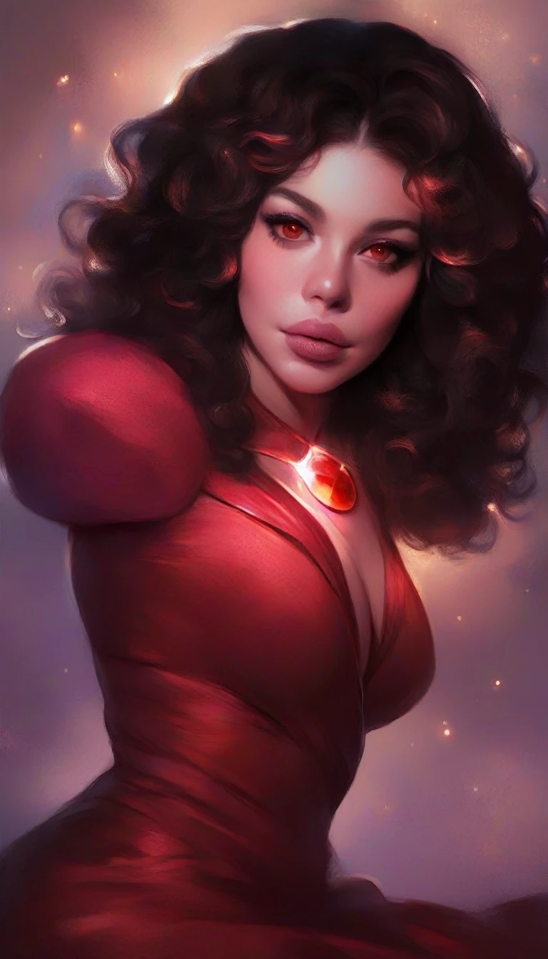 a beautiful and seductive Garnet from Steven Universe, detailed facial features, piercing red eyes, full lips, glowing reddish skin, flowing dark hair, wearing a revealing red dress, elegant and powerful pose, intricate gemstone details, fantasy world background, dramatic lighting, cinematic composition, photorealistic, extremely detailed, 8k, high quality, digital painting, illustration