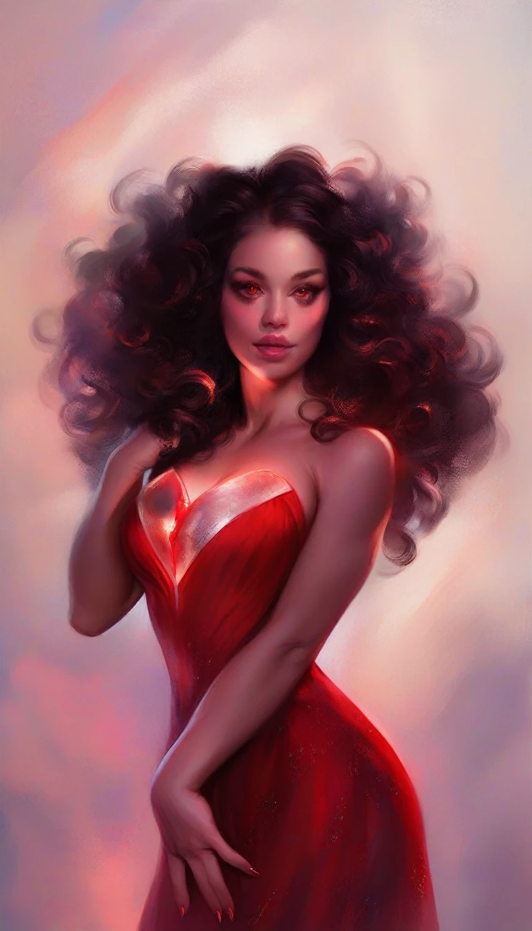 a beautiful and seductive Garnet from Steven Universe, detailed facial features, piercing red eyes, full lips, glowing reddish skin, flowing dark hair, wearing a revealing red dress, elegant and powerful pose, intricate gemstone details, fantasy world background, dramatic lighting, cinematic composition, photorealistic, extremely detailed, 8k, high quality, digital painting, illustration