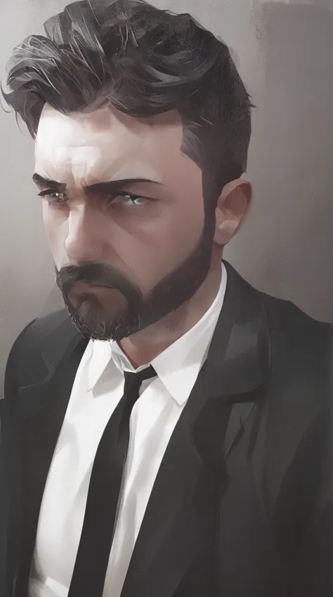 chiseled man with beard and suit and tie, inspired by Constantine Andreou, inspired by Ramon Casas i Carbó, with a beard and a b...