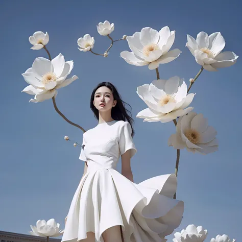 1 Girl，dress，individual，White skirt，Black Hair，Flowers，Arms on both sides，Looking at the audience，Blue sky，Standing，Short sleeve...