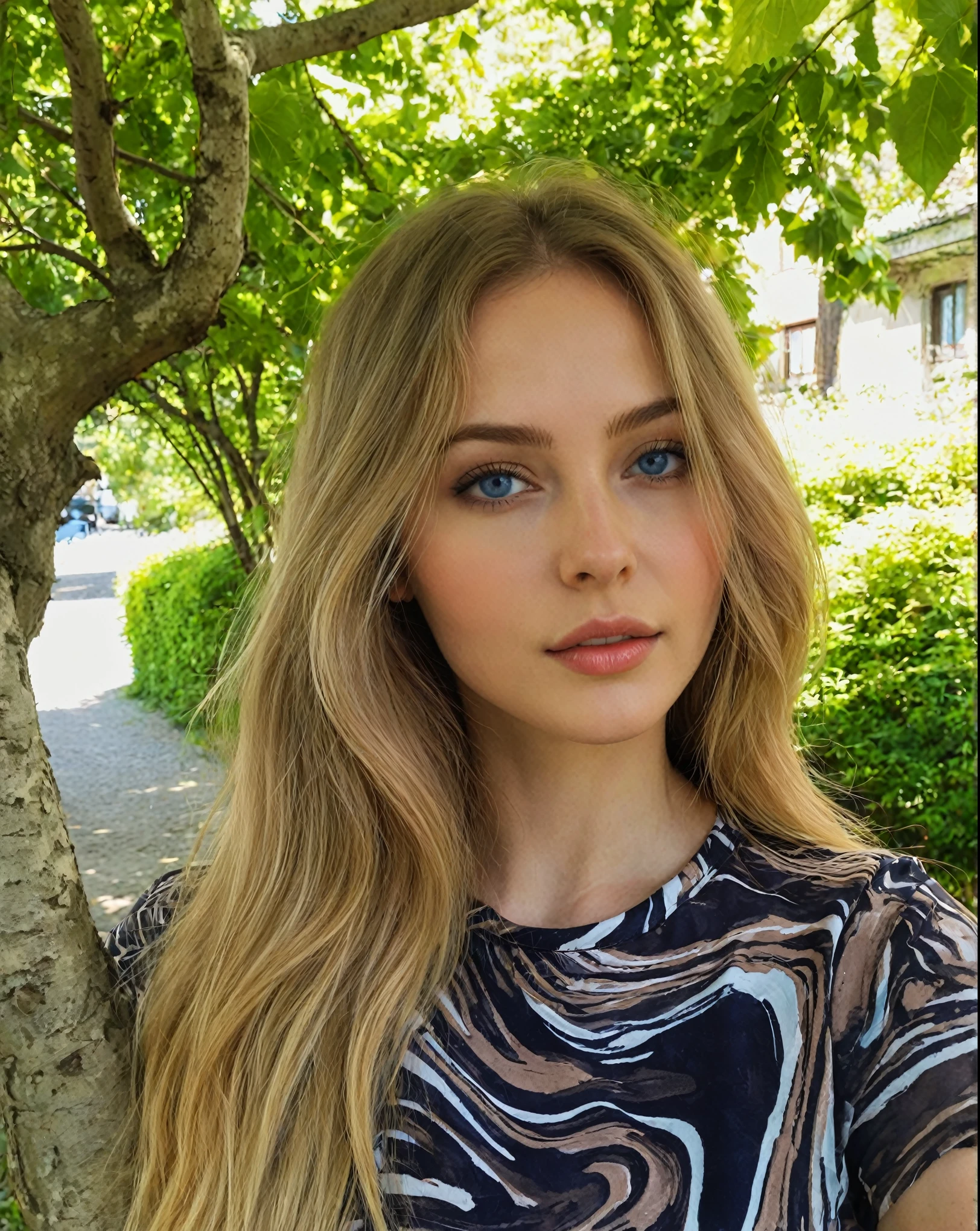 mulher loira com cabelos longos e olhos azuis em frente a uma árvore, Retrato Sophie Mudd, Dasha Taran, Anna Nikonova também conhecida como Newmilky, estilo de julia razumova, Sidney Sweeney, Anastasia Ovchinnikova, Yulia Gorokhova, Yelena Belova, Angelina Stroganova, Rosto Perfeito )