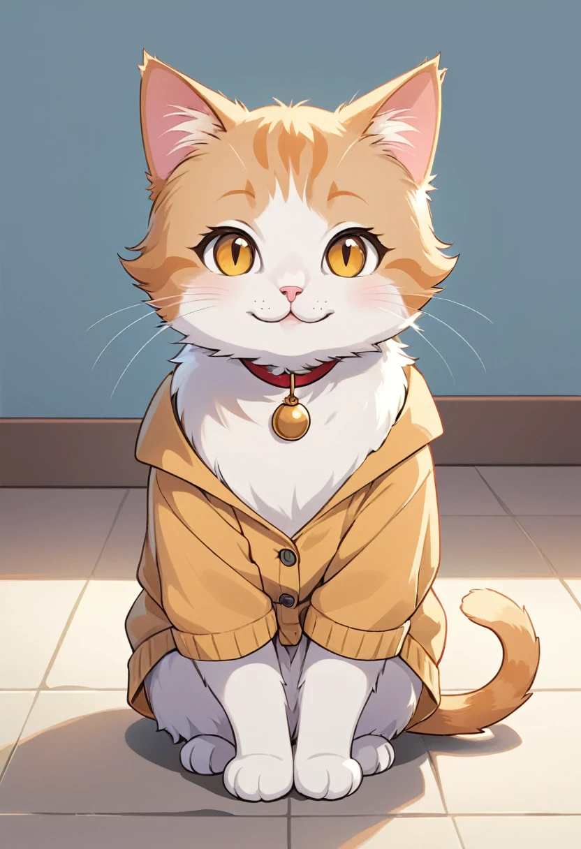 In the style of TOK, cute cat, cartoon cat, smiling, looking at the viewer, sitting, simple background