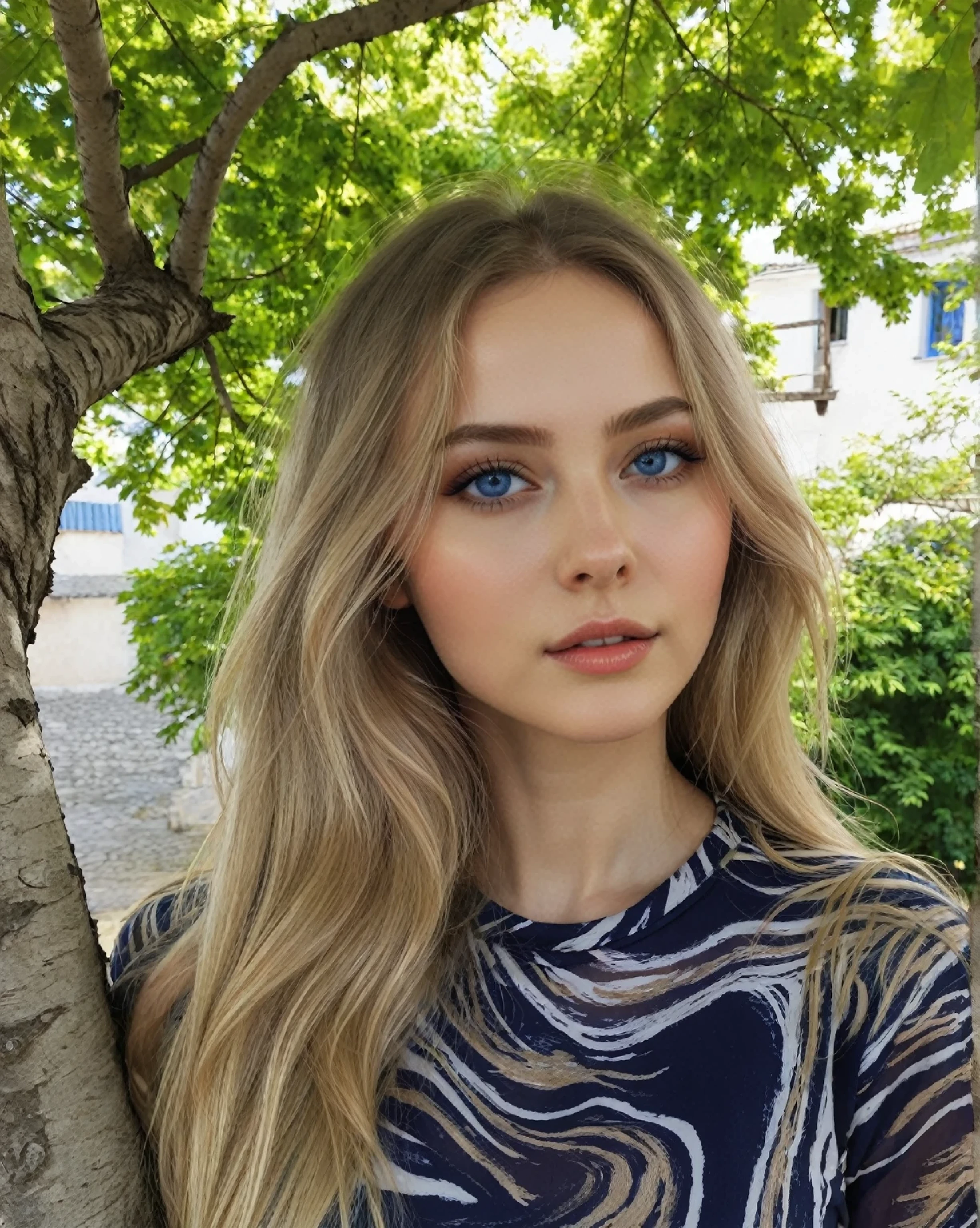 Mujer rubia con cabello largo y ojos azules parada frente a un árbol., retrato sophie mudd, dasha taran, Anna Nikonova también conocida como Newmilky, estilo de julia razumova, Sidney Sweeney, Anastasia Ovchinnikova, Julia Gorokhova, Yelena Belova, Angelina Stroganova, rostro perfecto )