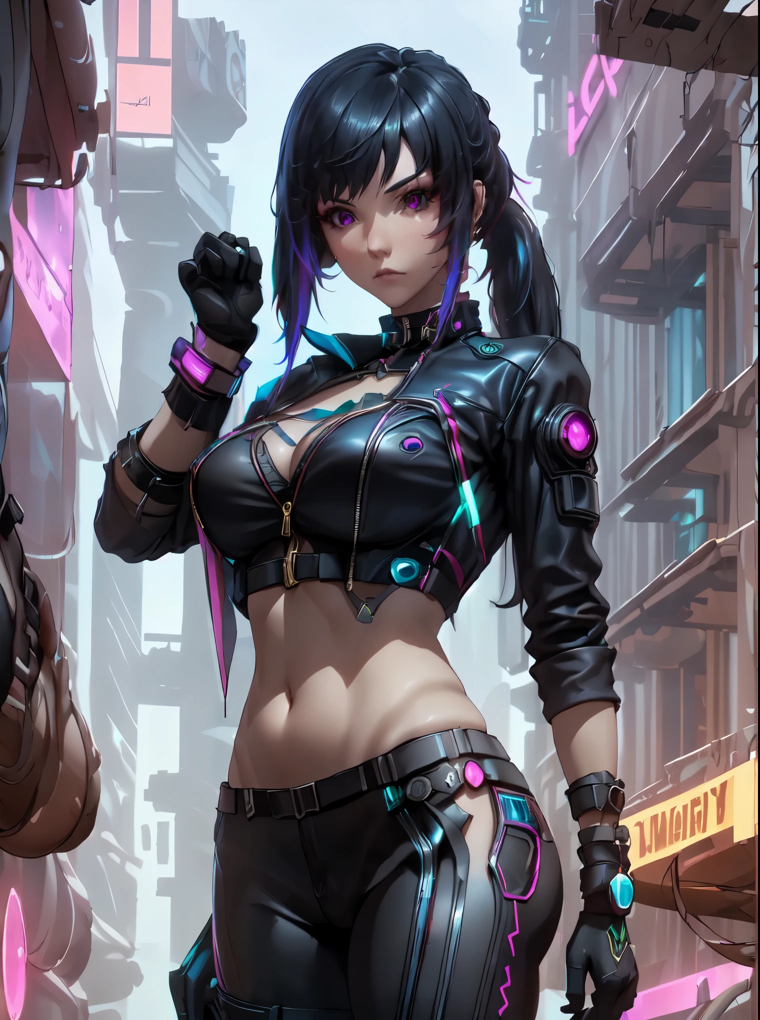 (masterpiece, best quality, aesthetic:1.4,) 1girl, Cyberpunk, futuristic, Yelan, BREAK, symmetrical face, highly detailed face, black hair, long hair, ponytail, holographic interface, BREAK, crimson eyes, highly detailed eyes, BREAK, large breasts, leather jacket, black leather outfit, BREAK, knee boots, black yoga pants, black gloves, tactical gear, BREAK, stretching, serious expression, standing, BREAK, female focus, cowboy shot, neon aesthetic, futuristic cityscape, sci-fi