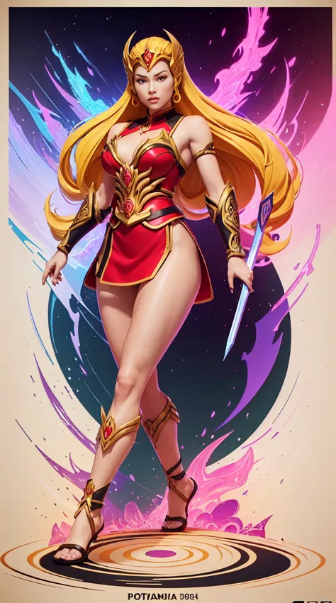 ((Full body photo, standing, feet on the ground))  She-ra, TM Samurai, intricate face details, poster style, icons, vibrant colo...