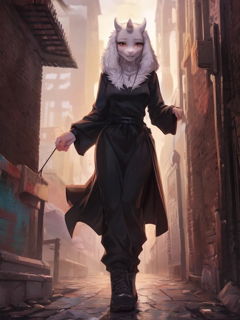 By hioshiru, by fumiko, by hyattlen, Kaori, (((Toriel))), (Female goat anthro:1.3), (White fur:1.1), (walking towards viewer:1.3), (Foggy night alley:1.23), (Blank expression:1.3), (detailed eyes), (sharp red eyes), detailed background, 8k hd, (dark shadows, wide dynamic range, hdr, low light:1.2), (Thin physique), black eyeshadow, (black turtleneck, silver necklace, black dress pants), ((Gothic)), Close-up 