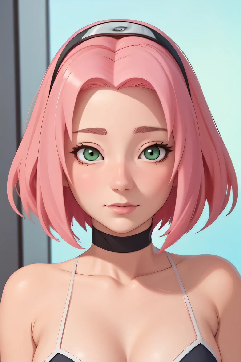 Haruno Sakura. pinkes Haar. grüne Augen. kurze Frisur. Halsband. Badeanzug. ein Foto eines Gesichts in der Nähe. 

