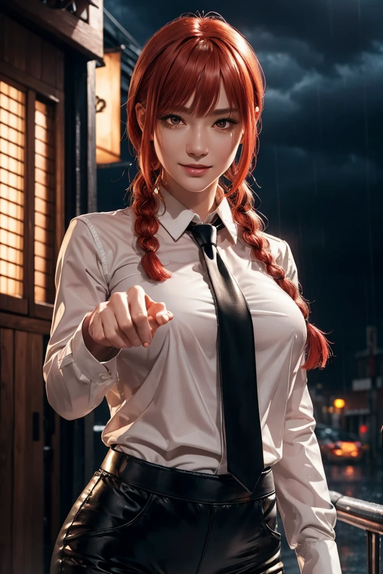 Chainsaw Man,Makima,With bangs,Red Hair,Braids at the back,Golden Eyes,White long sleeve shirt,Black tie,Black Leather Pants,Ultra HD,super high quality,masterpiece,Digital SLR,Photorealistic,Detailed Details部,Vivid details,Depicted in detail,A detailed face,Detailed Details,Super Detail,Realistic skin texture,Anatomical basis,Perfect Anatomy,Anatomically correct hand,Anatomically correct fingers,Complex 3D rendering,Sexy pose,Rainy Sky,Beautiful scenery,Fantastic rainy sky,Picturesque,Pink Lips,smile,