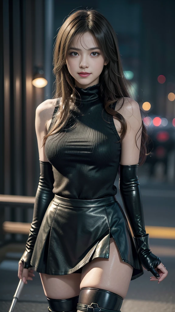 (8K, best quality, masterpiece: 1.2), (Practical, Reality: 1.37), Super Detail, A girl, Lovely, Solitary, (tifa lockhart), (Small Breasts), (Beautiful Eye), (Smile: 1.2), (closure), posture, dance, neon, city View, Depth of Field, Dark intense shadows, Clear focus, car, Motion Blur, Motorcycle, Depth of Field, work, Glowing green, Final Fantasy VII, date, (nose brush), single Elbow pads, Ankle boots, Black Hair, extra short leather skirt, black thighs, Red boots, Elbow gloves, Elbow pads, Fingerless gloves, Tight shirt, Good exercise, (suspender extra short leather skirt), thigh, White vest, whole body, headrest, Lips, Pretty Face, Low-tied long hair, (Red_Eye)), Flowers, (night: 1.3), complicated, bokeh, light, Photon Mapping, Radiosity, Physically Based Rendering, (Tetsuya Nomura style)