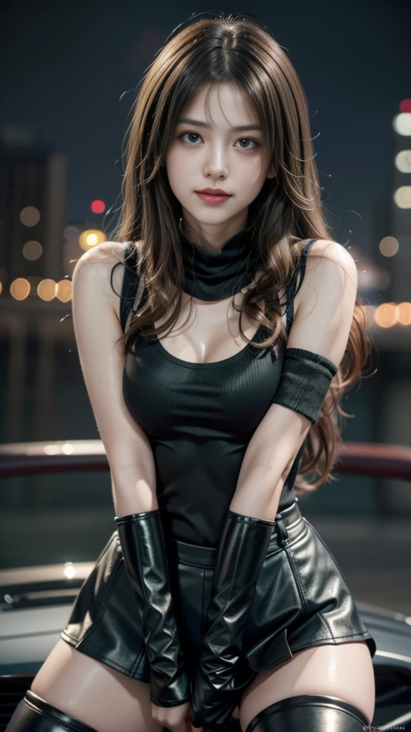 (8K, best quality, masterpiece: 1.2), (Practical, Reality: 1.37), Super Detail, A girl, Lovely, Solitary, (tifa lockhart), (Small Breasts), (Beautiful Eye), (Smile: 1.2), (closure), posture, dance, neon, city View, Depth of Field, Dark intense shadows, Clear focus, car, Motion Blur, Motorcycle, Depth of Field, work, Glowing green, Final Fantasy VII, date, (nose brush), single Elbow pads, Ankle boots, Black Hair, extra short leather skirt, black thighs, Red boots, Elbow gloves, Elbow pads, Fingerless gloves, Tight shirt, Good exercise, (suspender extra short leather skirt), thigh, White vest, whole body, headrest, Lips, Pretty Face, Low-tied long hair, (Red_Eye)), Flowers, (night: 1.3), complicated, bokeh, light, Photon Mapping, Radiosity, Physically Based Rendering, (Tetsuya Nomura style)