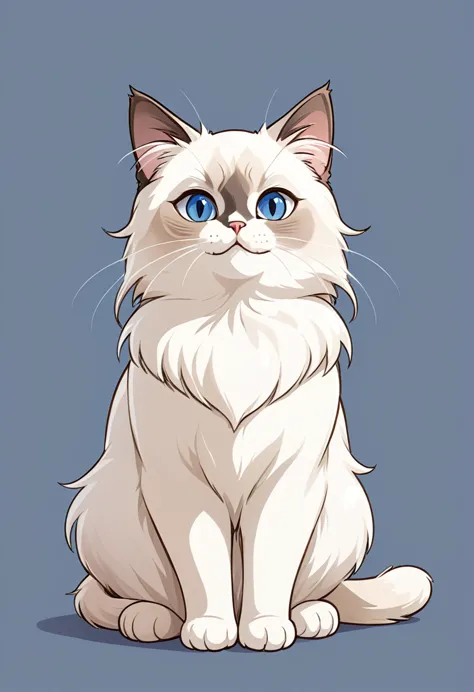 in the style of tok, cute cat, cartoon cat, birman cat, looking at the viewer, sitting, smiling, simple background