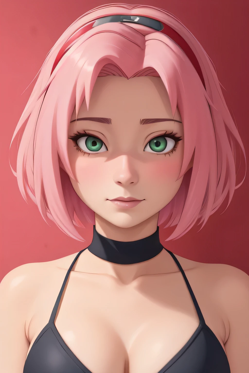 Haruno Sakura. pink hair. green eyes. short hairstyle. choker. bikini. a photo of a face in the vicinity. 
