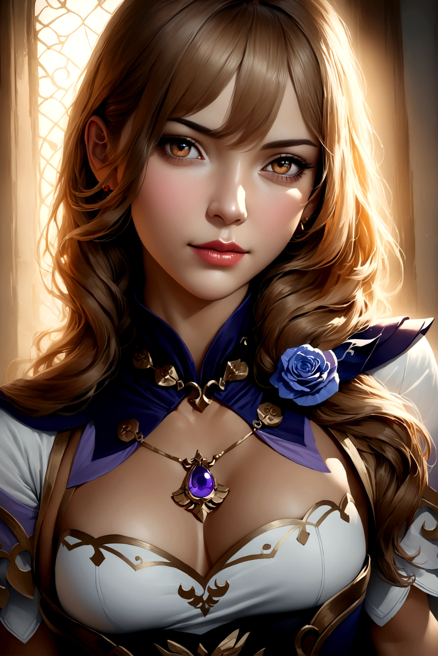 a beautiful girl, lisa (genshin impact), intricate detailed portrait, profile picture, icon, extremely detailed eyes and face, longeyes lashes, flawless skin, cute expression, elegant pose, (best quality,4k,8k,highres,masterpiece:1.2),ultra-detailed,(realistic,photorealistic,photo-realistic:1.37), digital painting, vibrant colors, soft lighting, warm color palette, cinematic lighting, dramatic mood