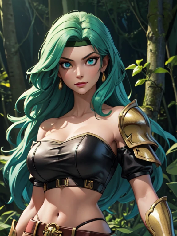 ((Best quality)), ((Masterpiece)), (detailed), (Detailed face:1.2), (Detailed eyes:1.2), (Perfect figure:1.2), Fantasy style, Fantasy environment,  Female Knight, long green hair, headband, strapless, off shoulder, crop top, leather pants, gold belt, armor, knight's armor, big breast, middle aged woman, (looking at viewer with a mischievous expression on her face:1.1), holding a sword, One woman, In the forest, forest background
