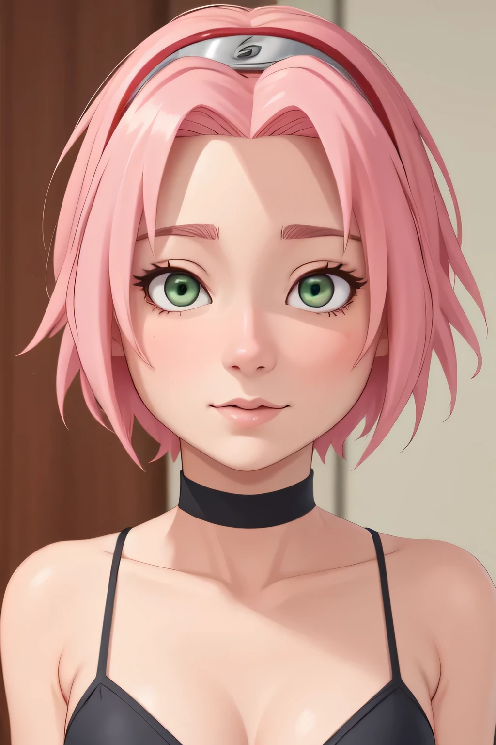 sakura haruno. cabello rosado. ojos verdes. peinado corto. gargantilla. bikini. una foto de una cara en los alrededores. 
