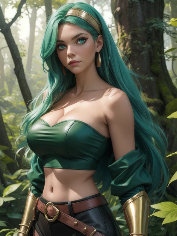 ((Best quality)), ((Masterpiece)), (detailed), (Detailed face:1.2), (Detailed eyes:1.2), (Perfect figure:1.2), Fantasy style, Fantasy environment,  Female Knight, long green hair, headband, strapless, off shoulder, crop top, leather pants, gold belt, armor, knight's armor, big breast, middle aged woman, (looking at viewer with a mischievous expression on her face:1.1), holding a sword, One woman, In the forest, forest background
