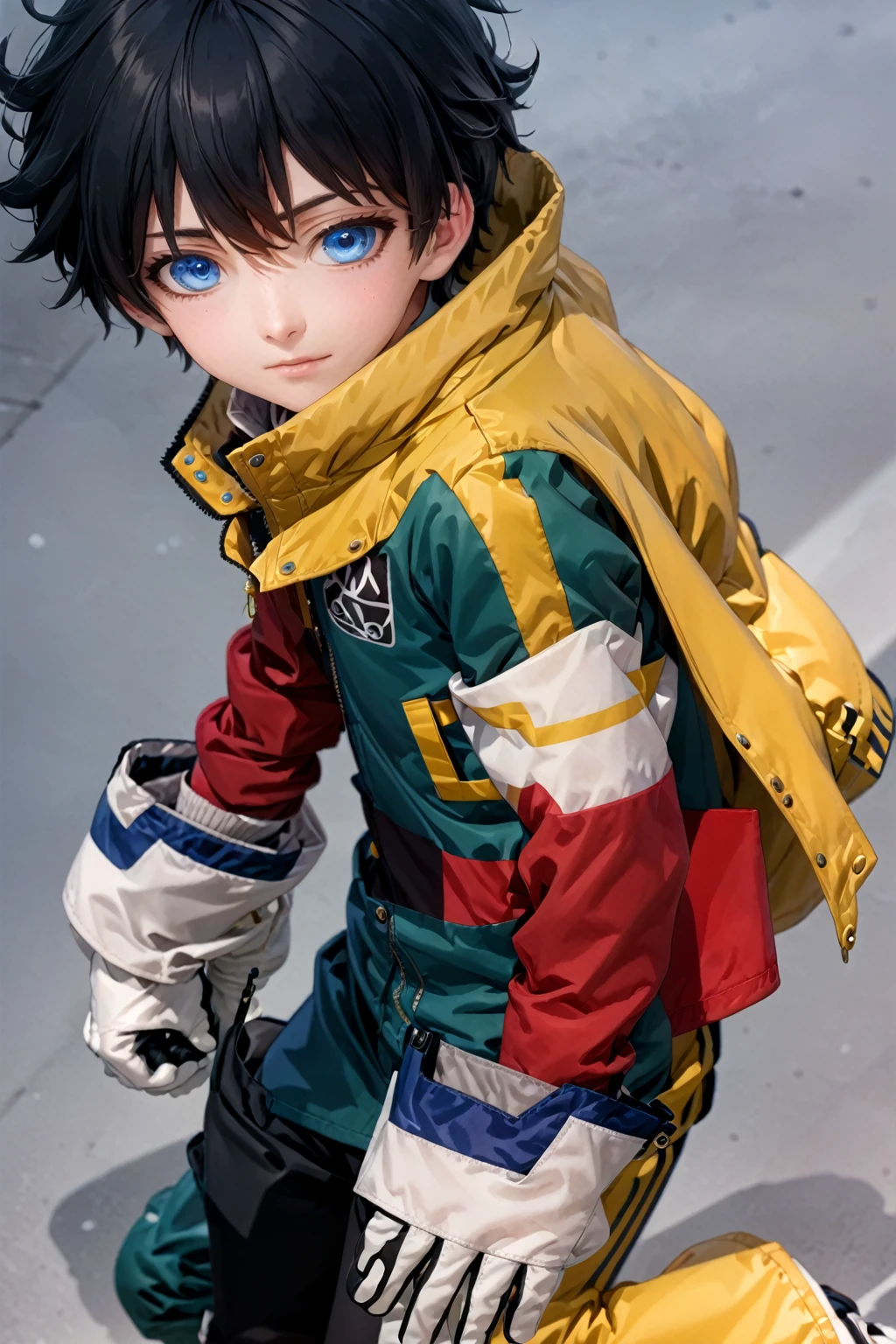 A closeup of a person wearing a jacket and coat, trend on CG Station, tall anime boy with blue eyes, manga cover style, trend on CG Station, shigenori soejima illustration, official art and wears special white gloves, red sleeves, technological