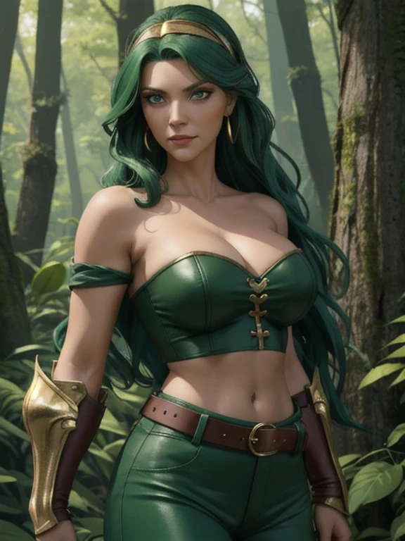 ((Best quality)), ((Masterpiece)), (detailed), (Detailed face:1.2), (Detailed eyes:1.2), (Perfect figure:1.2), Fantasy style, Fantasy environment,  Female Knight, long green hair, headband, strapless, off shoulder, crop top, leather pants, gold belt, armor, knight's armor, big breast, middle aged woman, (looking at viewer with a mischievous expression on her face:1.1), holding a sword, One woman, In the forest, forest background
