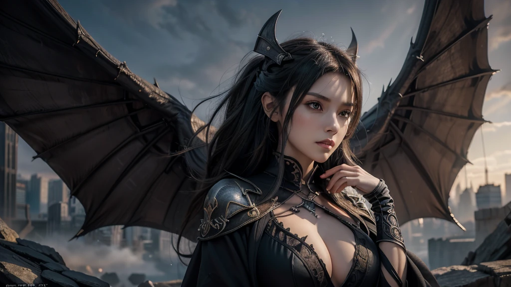 Close-up of a woman, Black robe, 2. 5D CGI anime fantasy artwork, Large Breasts，Epic fantasy digital art style, detailed Digital 2D fantasy art, Digital 2D fantasy art, original photo, (best quality:1.3), high resolution, (masterpiece), (lifelike:1.4), Professional photography, Clear focus, High Dynamic Range, 8k resolution, Intricate details, Fine details, Depth of Field, Extremely detailed CG unified 8k wallpaper, masterpiece，poster，best quality，Official Art，（Beauty and aesthetics：1.2），（masterpiece：1.3），Miss，personal，complex pattern，City ruins，Medium distance photography，（early morning），dramatic，Giant bat wings，