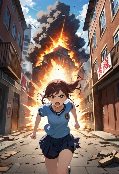 In the style of a battle movie poster、titles、A high school girl runs through the wall of a building in a furious dash