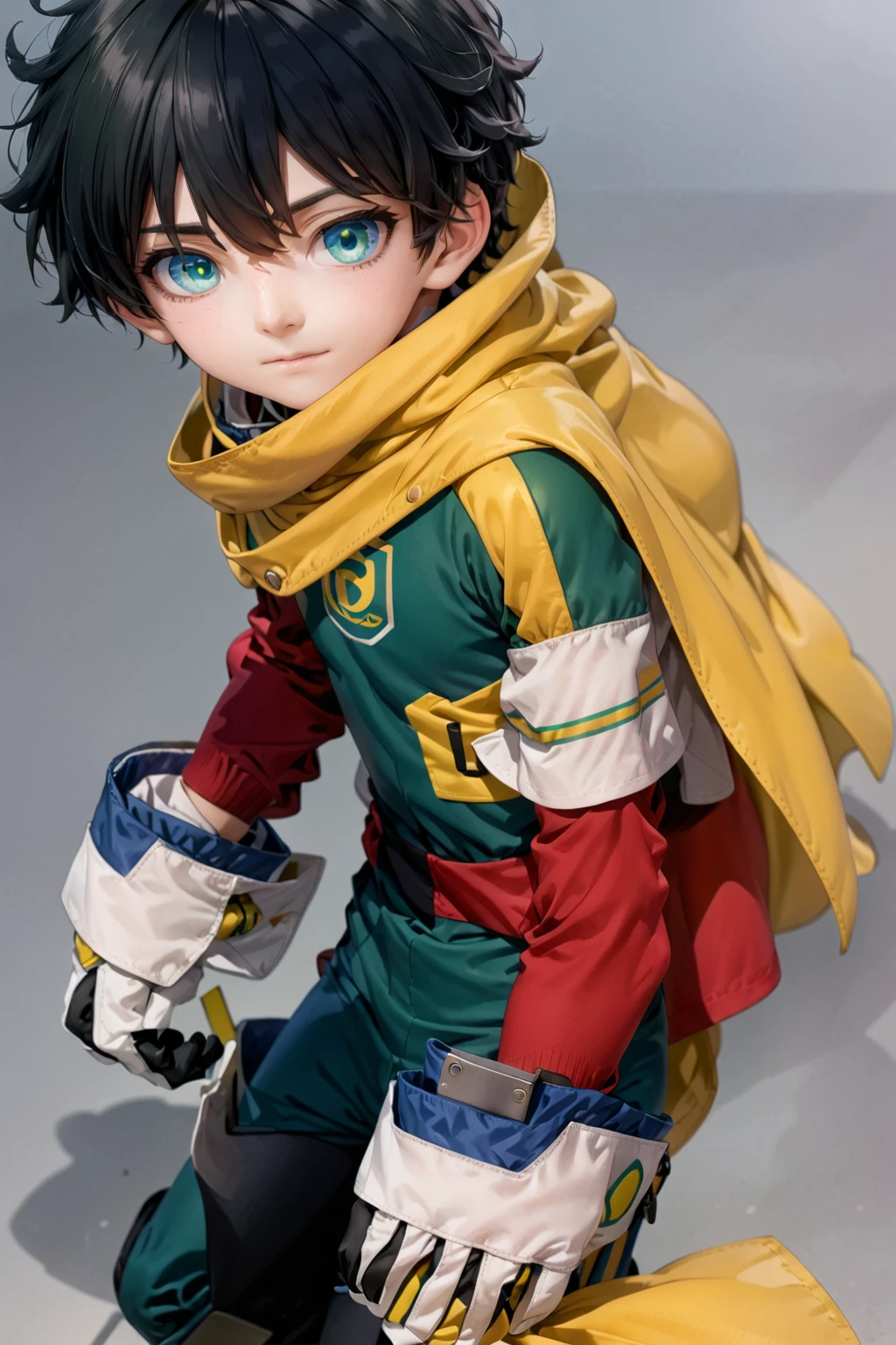 A closeup of a person wearing a green suit and a yellow cape, trend in Station, tall anime boy with blue eyes, manga cover style, trend in Station, shigenori soejima illustration, official art and wears special white gloves, red sleeves, technological