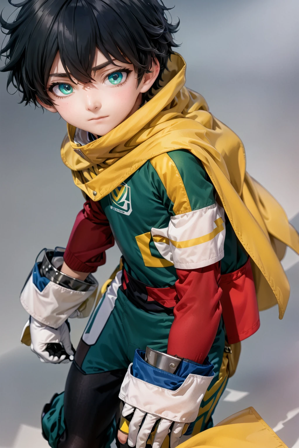 A closeup of a person wearing a green suit and a yellow cape, trend in Station, tall anime boy with blue eyes, manga cover style, trend in Station, shigenori soejima illustration, official art and wears special white gloves, red sleeves, technological