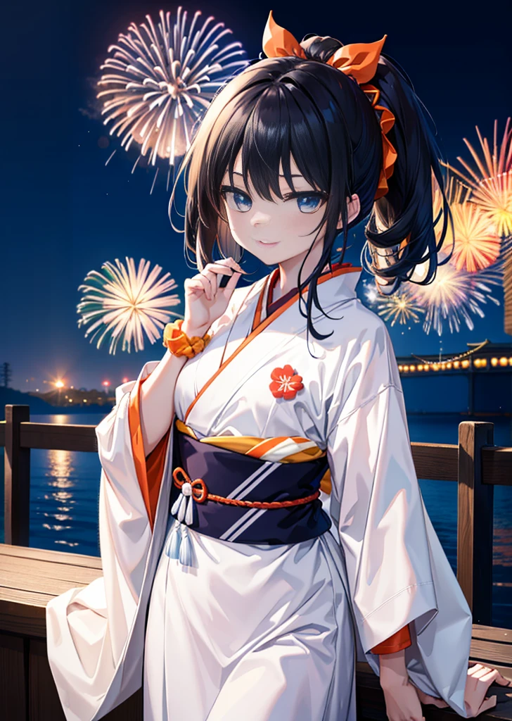 Takada Rokka, Black Hair, blue eyes, Long Hair, orange Scrunchie, Scrunchie, wrist Scrunchie, single hair band,White Kimono,Thick sleeves,日本のfestival,夏festivalの屋台,Red lantern,happy smile, smile, Open your mouth,Fireworks,The place is a fireworks display、Time is night,Walking,So that the whole body goes into the illustration,
break outdoors, festival,
break looking at viewer,Upper Body,(Cowboy Shot:1. 5),
break (masterpiece:1.2), Highest quality, High resolution, unity 8k wallpaper, (shape:0.8), (Fine and beautiful eyes:1.6), Highly detailed face, Perfect lighting, Highly detailed CG, (Perfect hands, Perfect Anatomy),