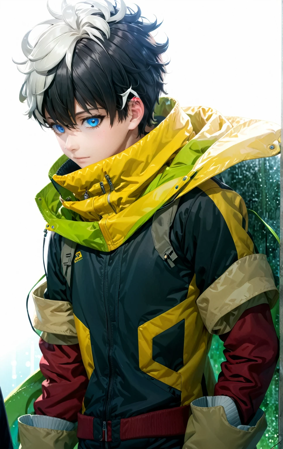 A closeup of a person wearing a jacket and coat, trend on CG Station, tall anime boy with blue eyes, manga cover style, trend on CG Station, shigenori soejima illustration, official art and wears special white gloves, red sleeves, technological