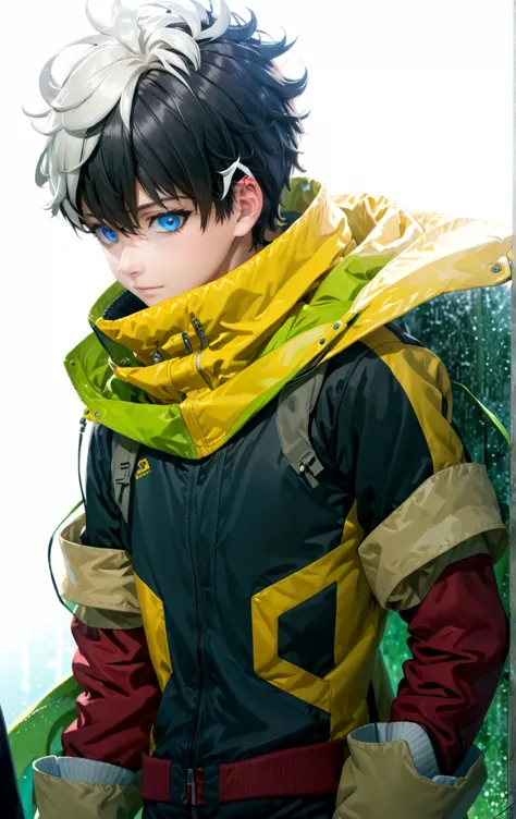 A closeup of a person wearing a jacket and coat, trend on CG Station, tall anime boy with blue eyes, manga cover style, trend on...