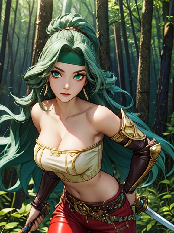 ((Best quality)), ((Masterpiece)), (detailed), (Detailed face:1.2), (Detailed eyes:1.2), (Perfect figure:1.2), Fantasy style, Fantasy environment,  Female Knight, long green hair, headband, strapless, off shoulder, crop top, leather pants, gold belt, armor, knight's armor, big breast, middle aged woman, (looking at viewer with a mischievous expression on her face:1.1), holding a sword, One woman, In the forest, forest background
