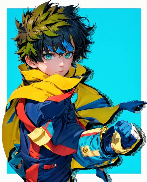 A closeup of a person wearing a green suit and a yellow cape, trend in Station, tall anime boy with blue eyes, manga cover style...