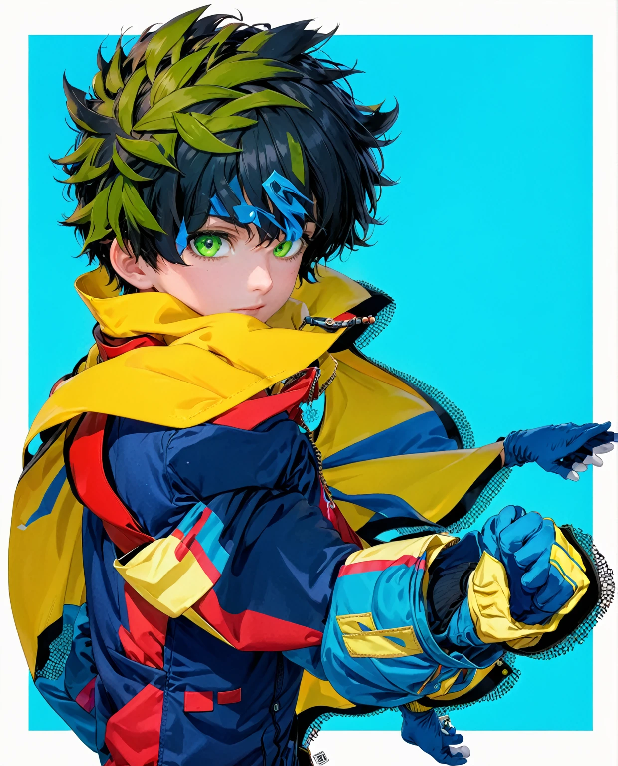 A closeup of a person wearing a green suit and a yellow cape, trend in Station, tall anime boy with blue eyes, manga cover style, trend in Station, shigenori soejima illustration, official art and wears special white gloves, red sleeves, technological