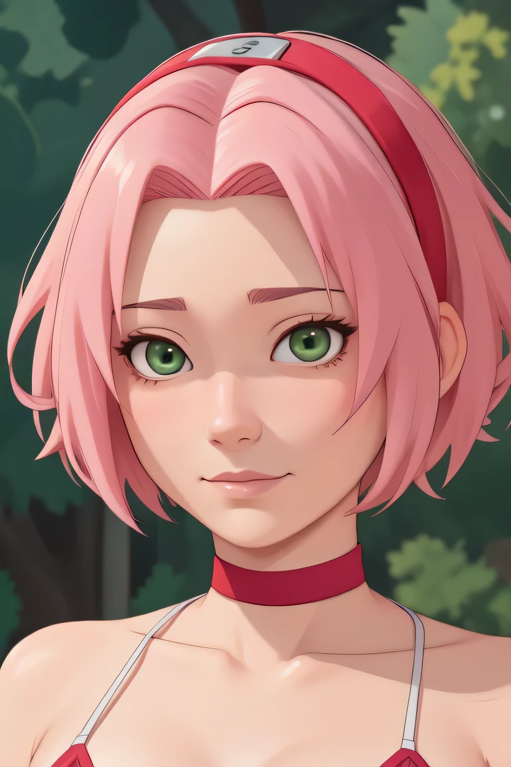 Haruno Sakura. pink hair. green eyes. short hairstyle. choker. bikini. bbw. a photo of a face in the vicinity. 
