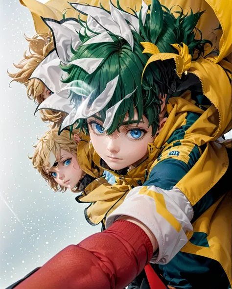 A closeup of a person wearing a green suit and a yellow cape, trend in Station, tall anime boy with blue eyes, manga cover style...